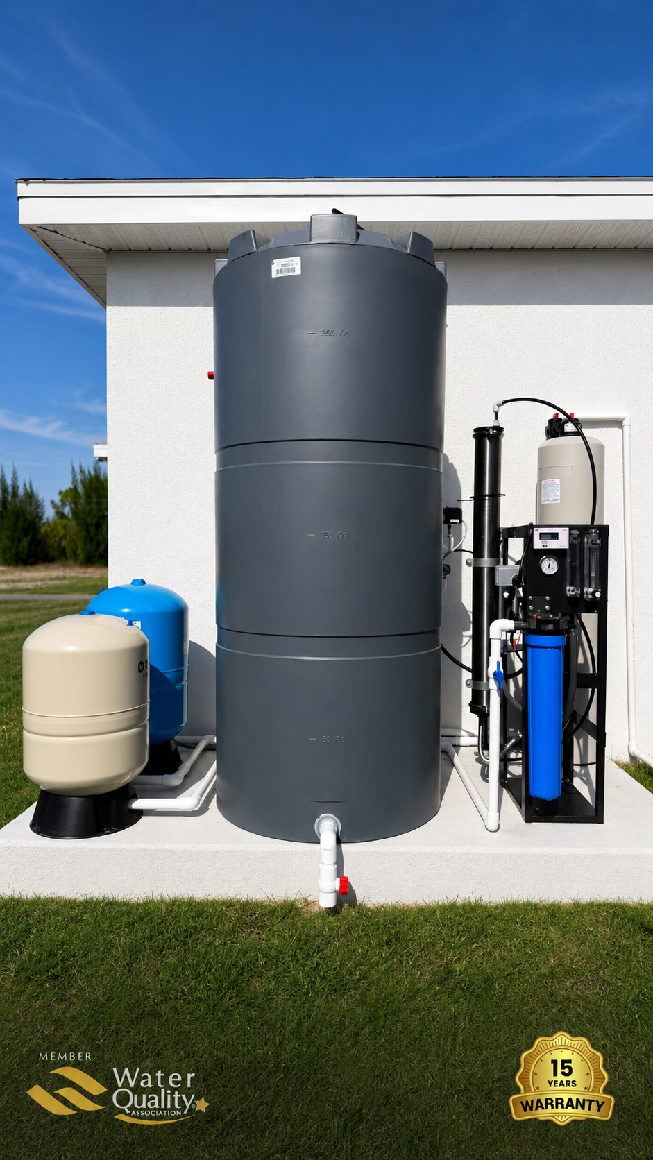 Inti Water whole-home reverse osmosis system installed on a concrete pad in Southwest Florida — storage tank, dual-membrane RO unit, pressure tanks and control panel.