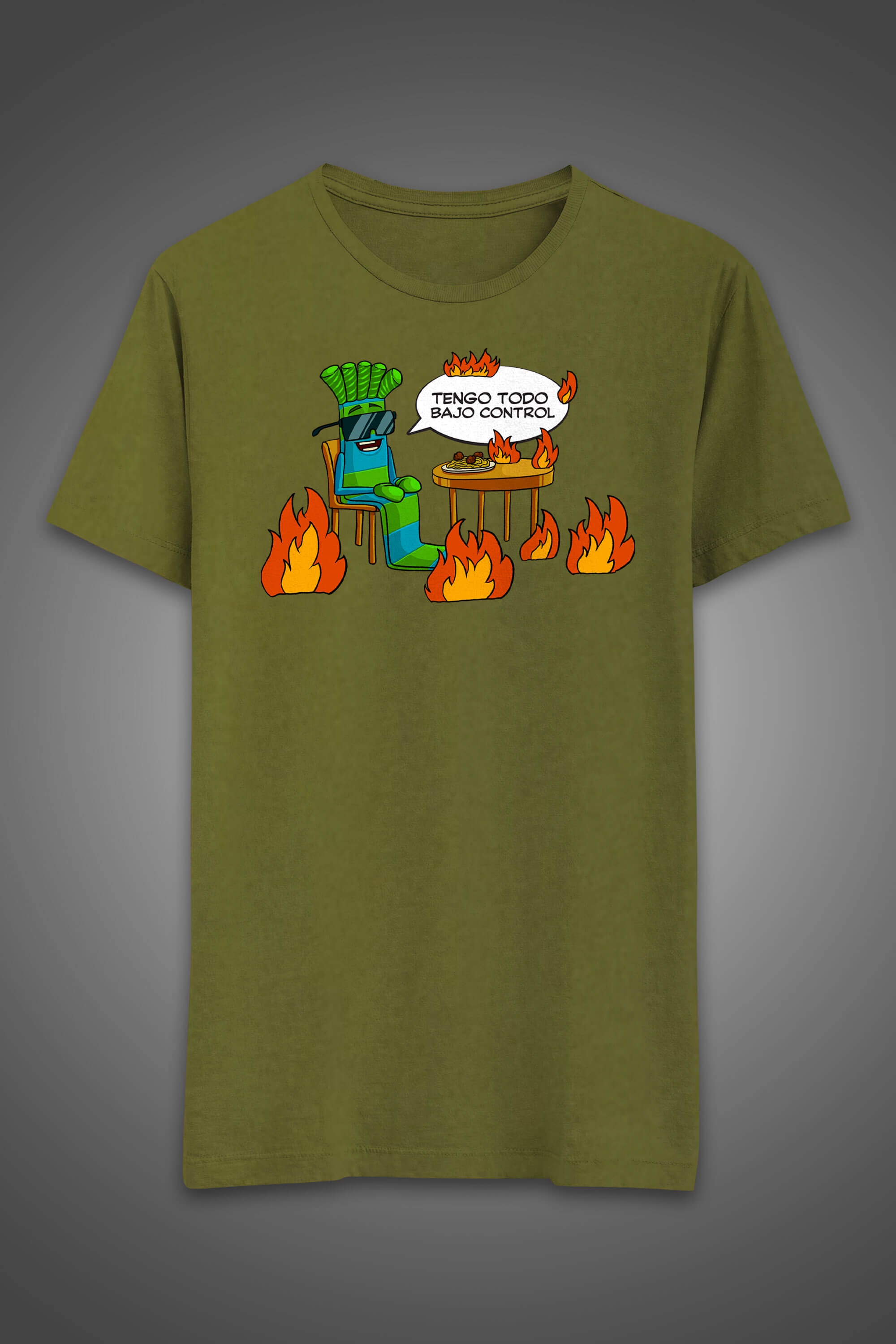 T-shirt of Billy saying "Tengo todo bajo control" while he sits around a house on fire