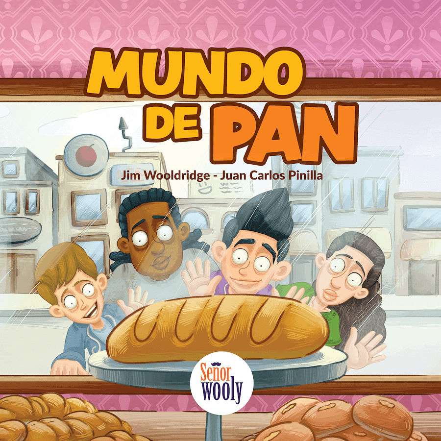 The cover of Mundo de Pan, showing 4 teenagers gazing at a fresh loaf of bread through a store window.