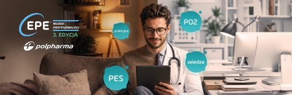 Logo EPE MŁODZI PROFESJONALIŚCI 3. EDYCJA; Logo polpharma; Zdjęcie młodego lekarze korzystającego z tabletu