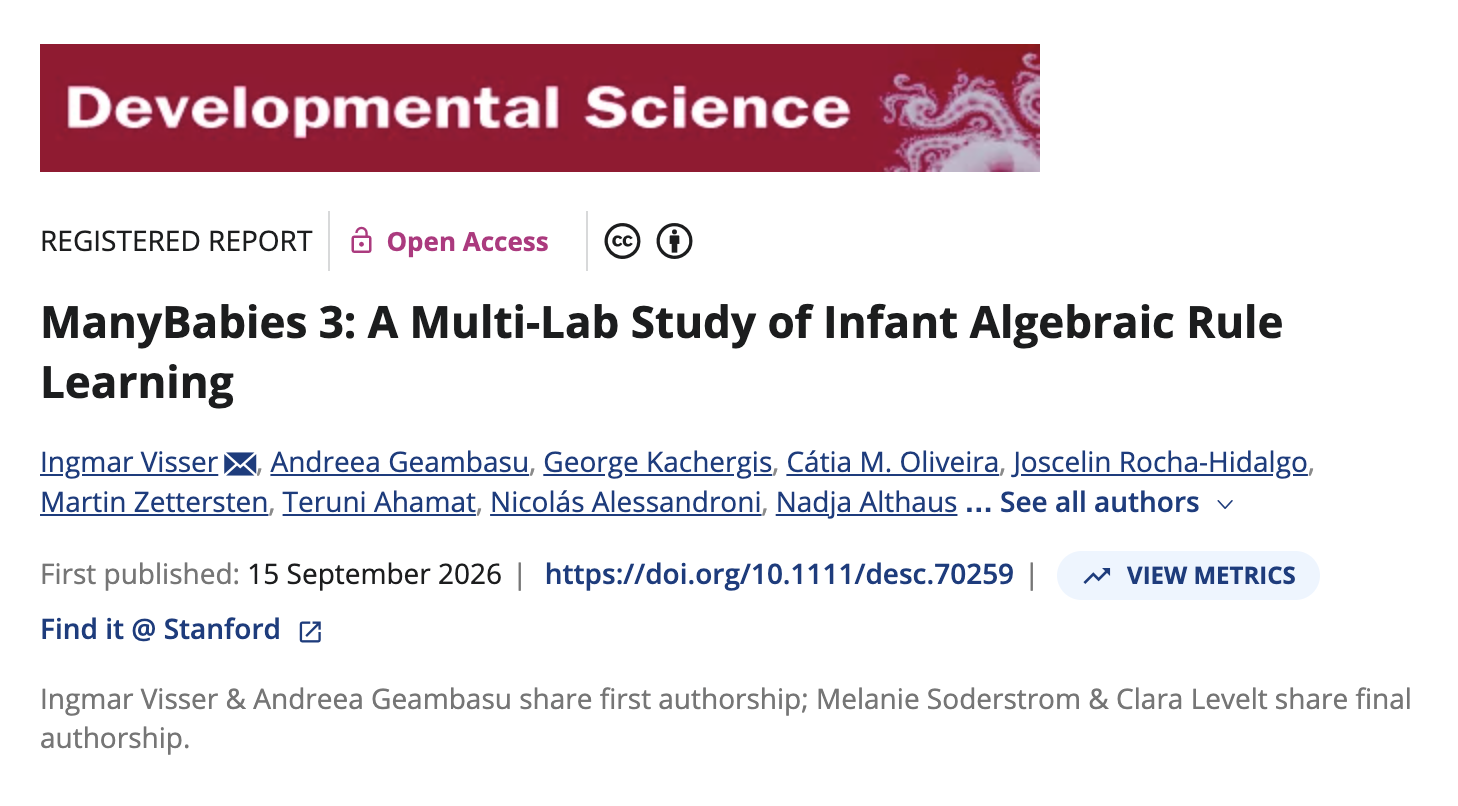 screenshot of the Developmental Science publication, "ManyBabies3: A multi-lab study of infant algebraic rule learning