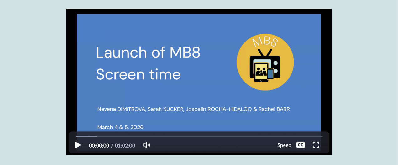 screenshot of video player. Title screen says "Launch of MB8: Screen Time"