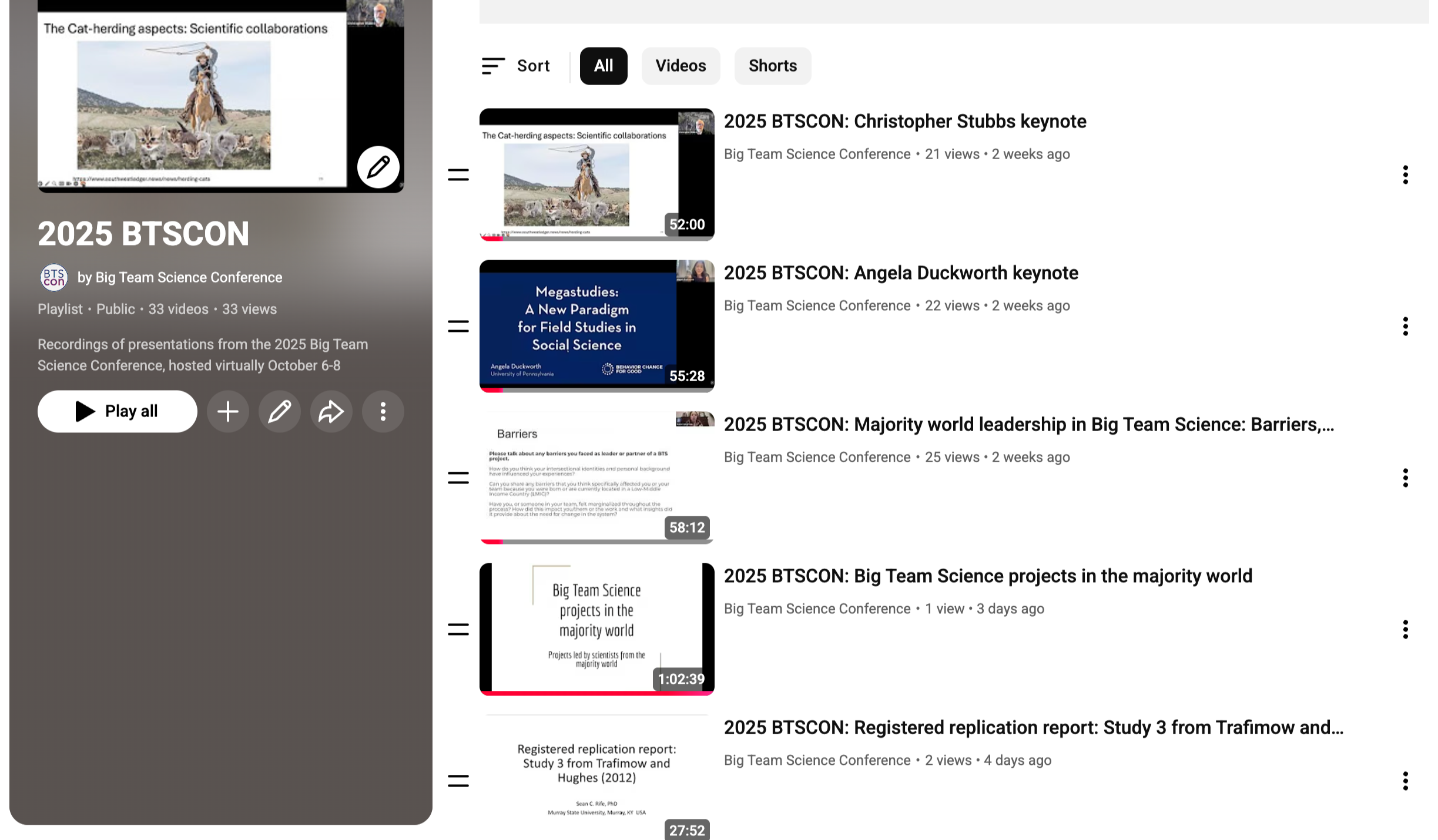 2025 BTSCON YouTube playlist; thumbnails of presentations from the big team science conference