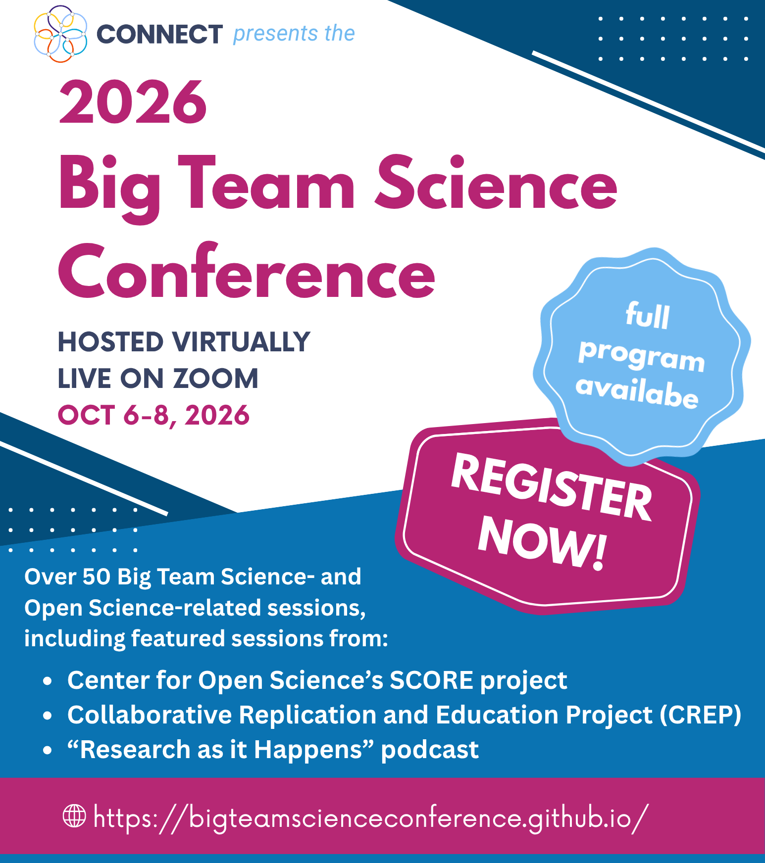 Big Team Science Conference; Hosted Virtually, live on Zoom, Oct 6-8; full program available, register now; bigteamscienceconference.github.io