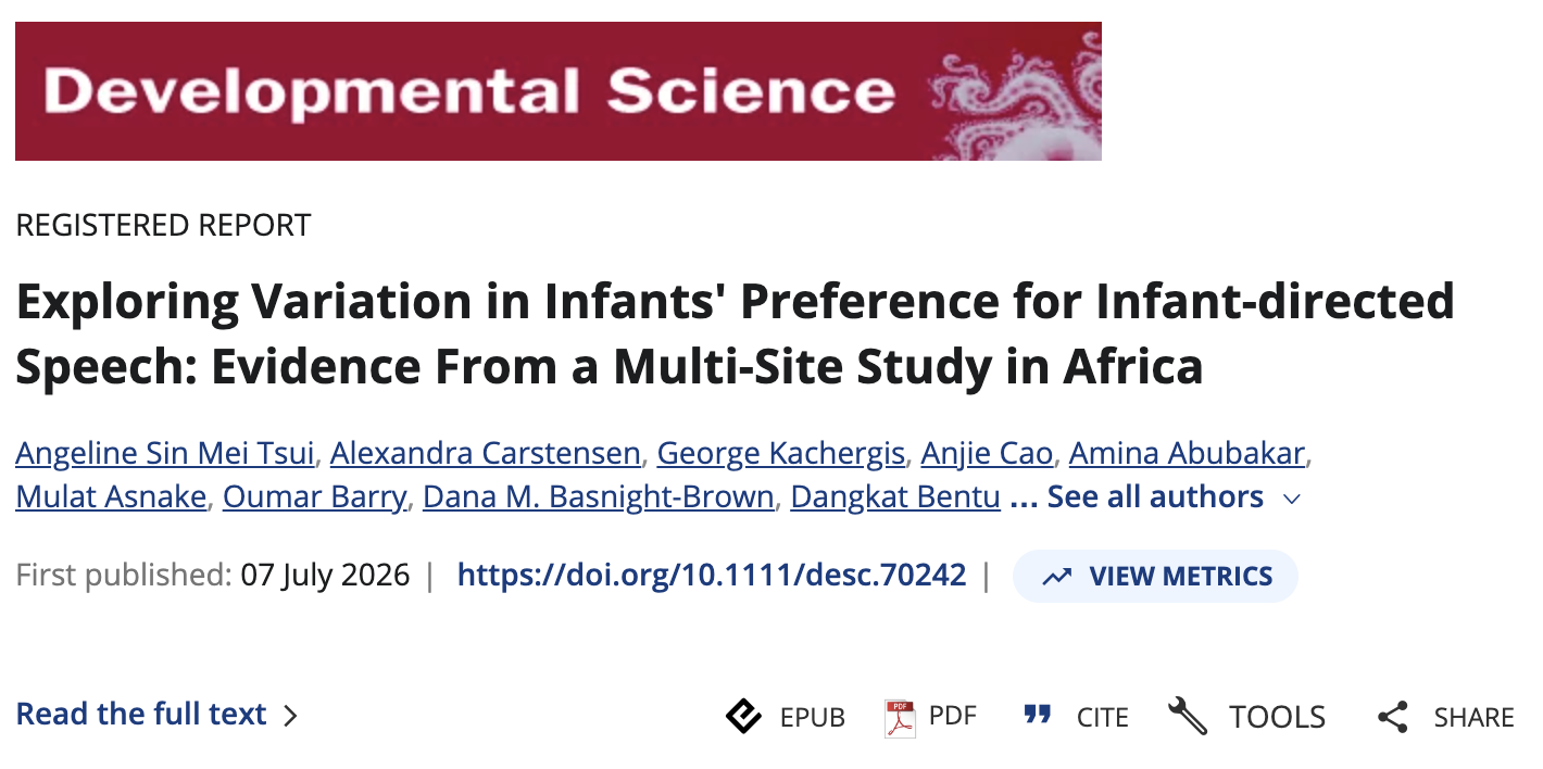 screenshot of the MB1-Africa paper in Developmental Science: "Exploring variation in infants’ preference for infant-directed speech: Evidence from a multi-site study in Africa"