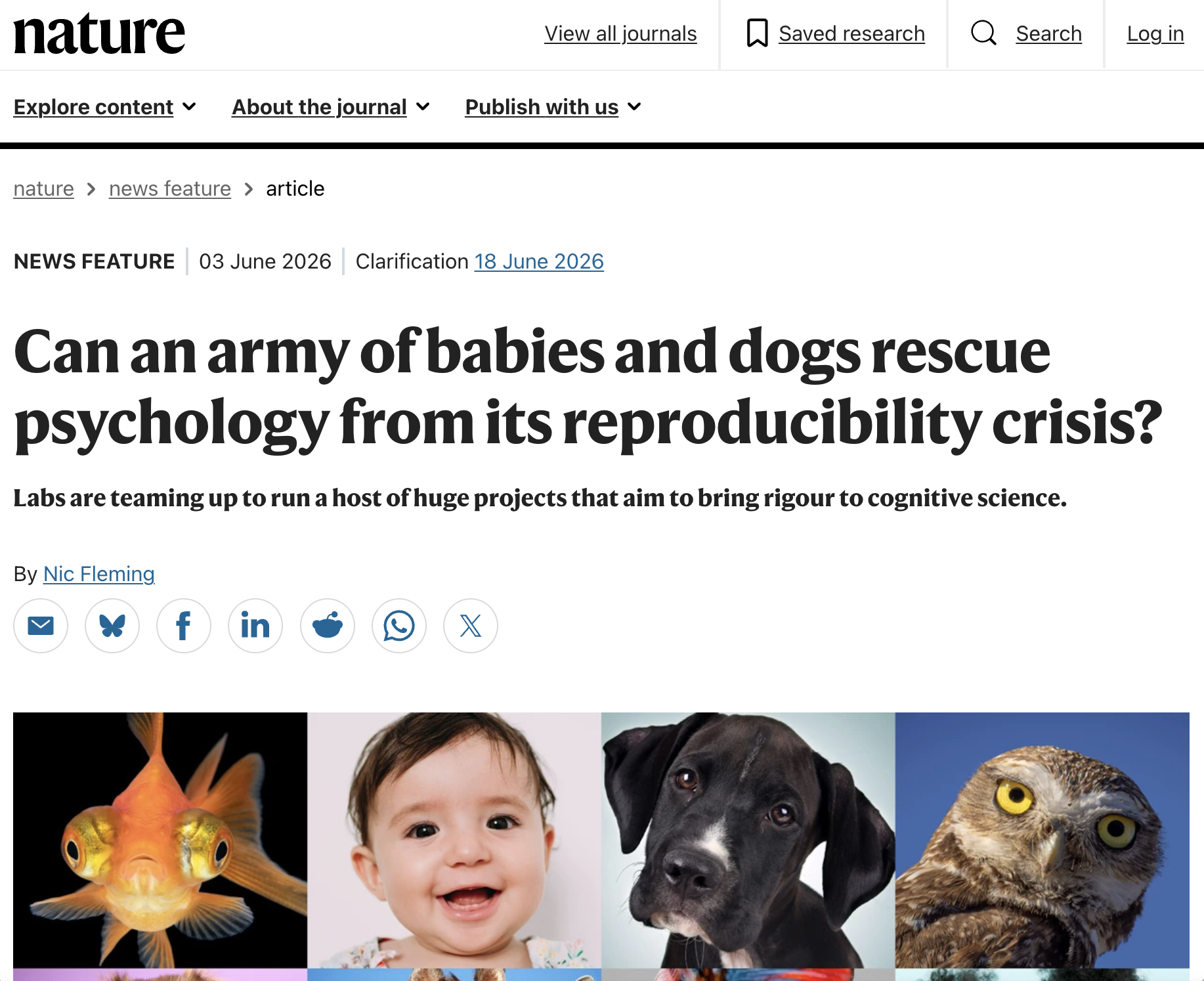 Screenshot of Nature News Feature: "Can an army of babies and dogs rescue psychology from its reproducibility crisis?