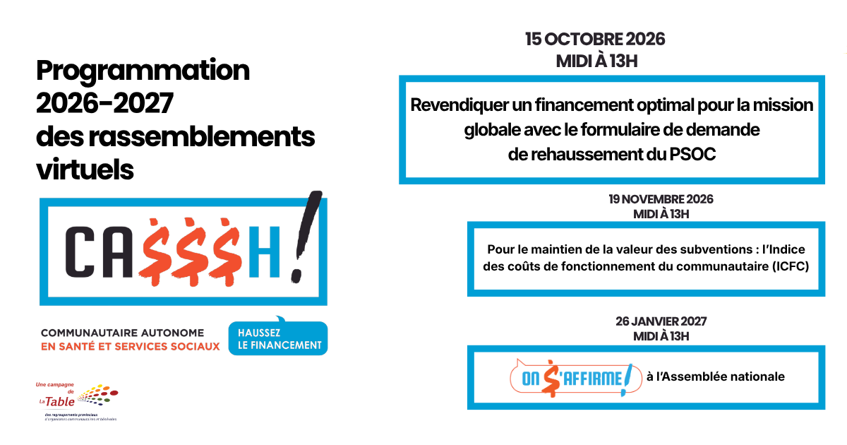 Programmation 2026-2027 des rassemblements virtuels CASH : le 15 octobre, de midi à 13h : Revendiquer un financement optimal pour la mission globale avec le formulaire de demande de rehaussement du PSOC