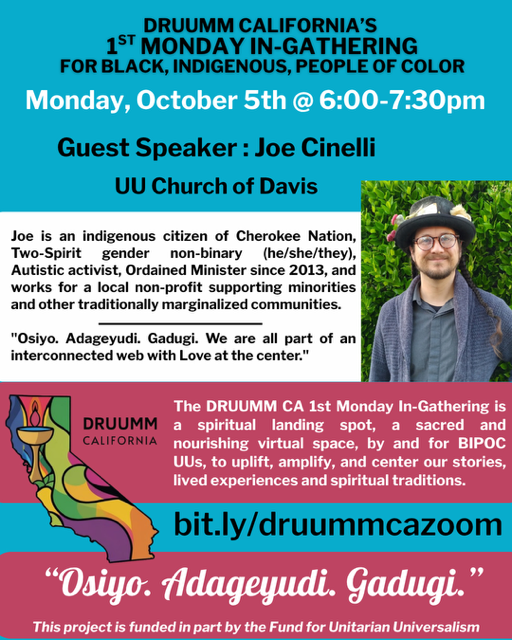 A poster with blue, white, and pinkish/redish background with event details about the DRUUMM CA 1st Monday In-Gathering. On the middle right of the poster is a portrait of guest speaker Joe Cinelli.