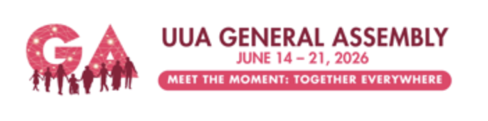 Letter G and A on the left with red font and sparkles with diverse group holding hands. On the right, red font stating, "UU General Assembly, June 14-21,2026; Meet the Moment: Together Everywhere."
