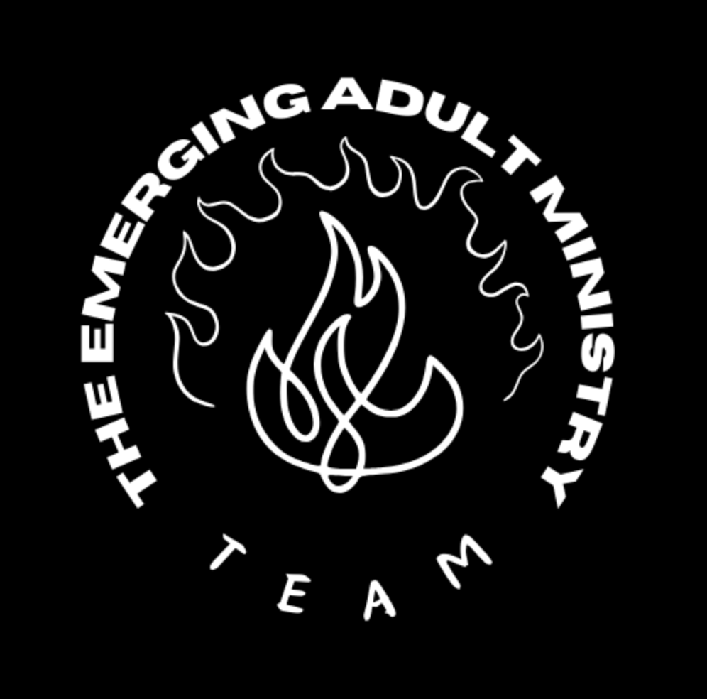 In white lettering in a circular pattern on a black background: The Emerging Adult Ministry Team. In the middle are two outlines of flames.