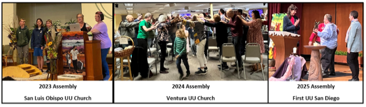 A horizontal collage of past Pacific Southwest Assembly. The first picture from the left is 2023 at San Luis Obispo Church. The second picture is from 2024 at Ventura UU Church. The 3rd and last picture is 2025 at First UU San Diego. 