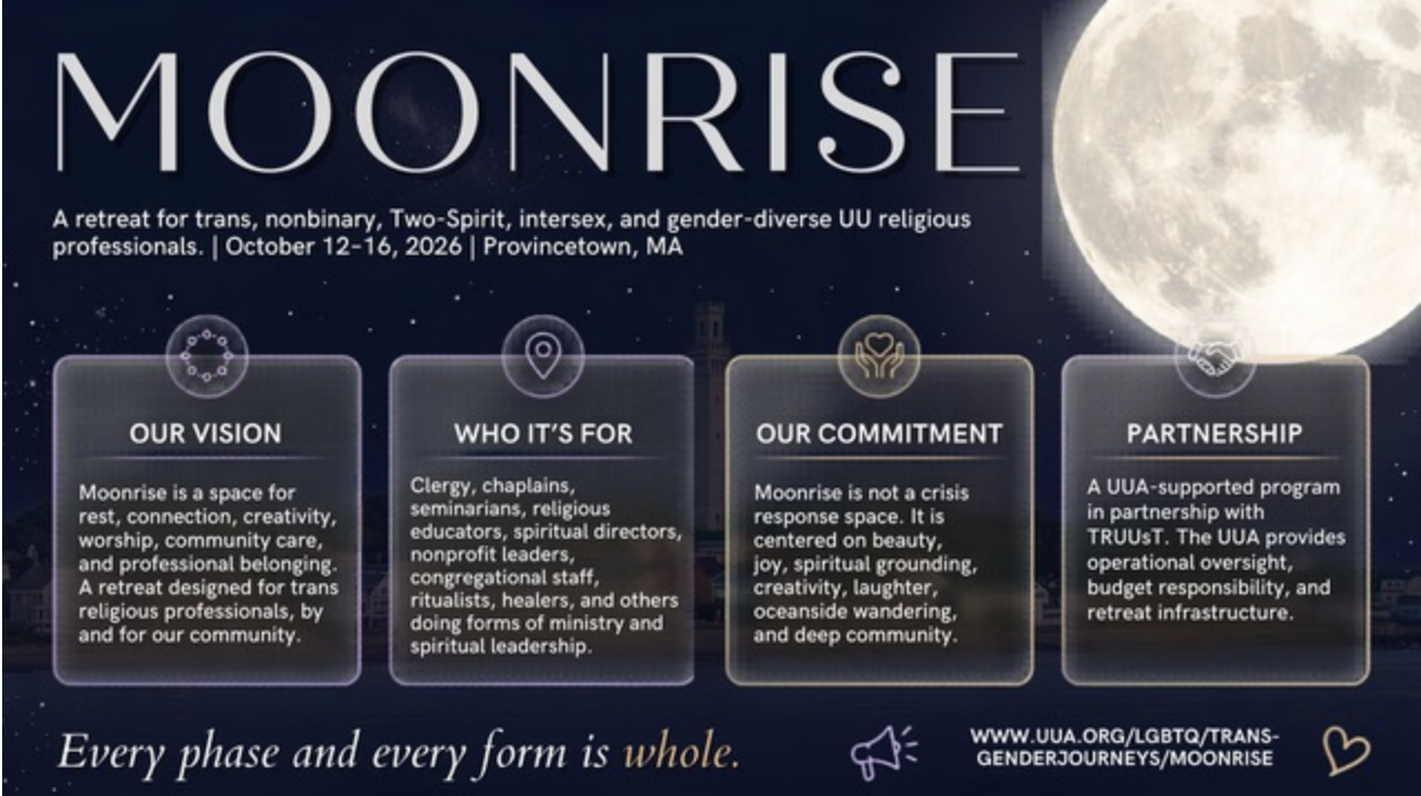 A galaxy background with a moon on the right side. In the top left center in white font is "Moon Rise." At the bottom are four boxes with the headings: Our Vision, Who Its For, Our Commitment, and Partnership. 