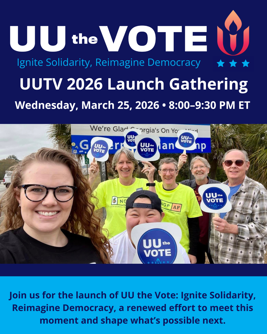 UU the Vote flyer with the UUA logo on the right. In the middle and bottom is "UU the VOTE" and a group photo in the middle, 