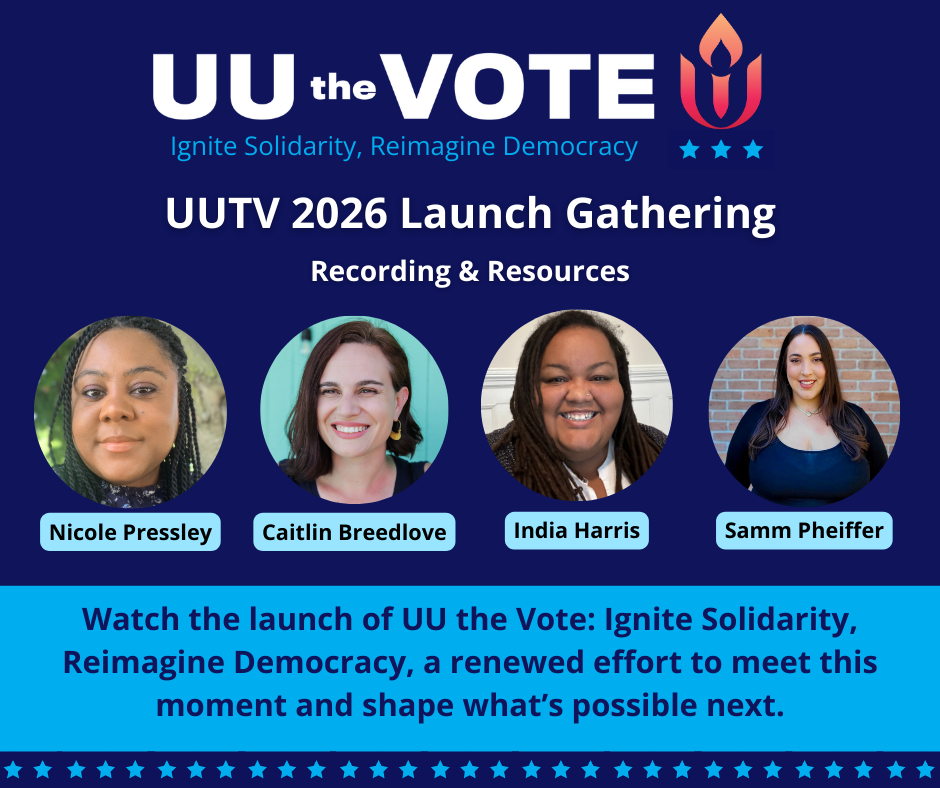 A blue and light blue poster with white font. In the middle is four portrait photos of individuals involved with UU the Vote. 