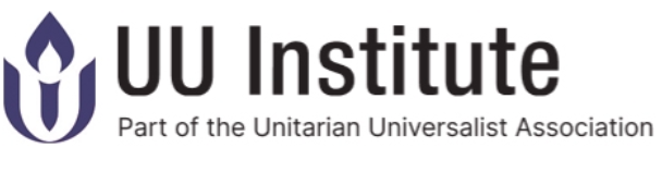 A white poster with a purple UUA logo and in black font in the middle, "UU Institute" and "Part of the UUA.""
