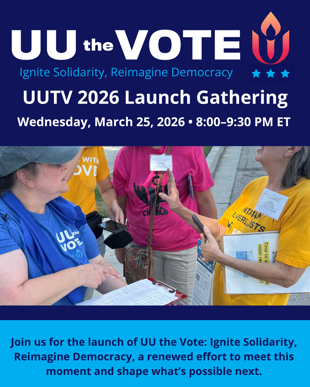 UU the Vote flyer with the UUA logo on the right. In the middle and bottom is a picture of members talking among themselves. 