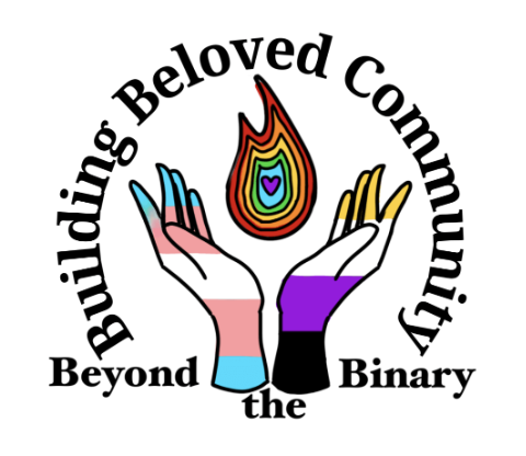 A white poster with two hands holding a rainbow chalice and surrounding the art is "Building Beyond Community." On the bottom is in black font "Beyond the Binary."