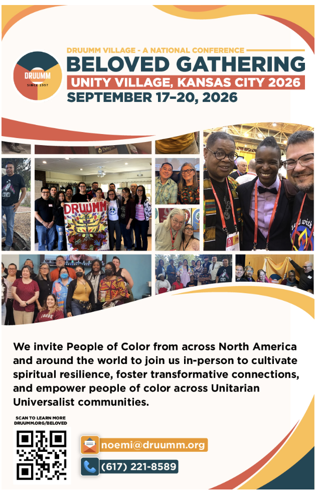 A white background with orange and red lining on the outside. At the top is the event name and date and at the bottom are photo collages of past DRUUMM event. Lastly, at the bottom, is a QR code, email, and phone number. 