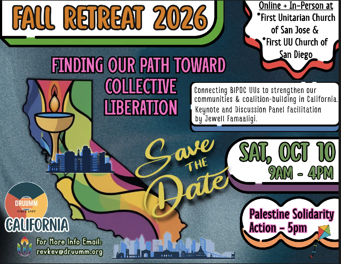 A poster with multiple arts with CA state, chalice, and skyline on top of the state. On the right sides, white bubble with retreat information. At the bottom, DRUUMM CA logo and city skyline with Rev. Kev's email at the bottom. 