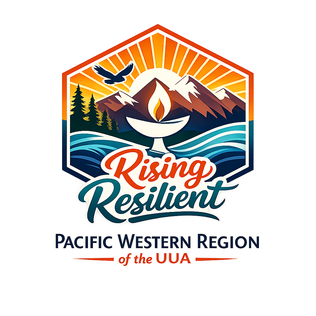 PWR Regional Assembly Logo. On a white background, a hexagon with mountains, ocean, trees, sunset, a bird, and a lit chalice. On the bottom is "Rising Resilient, Pacific Western Region of the UUA."