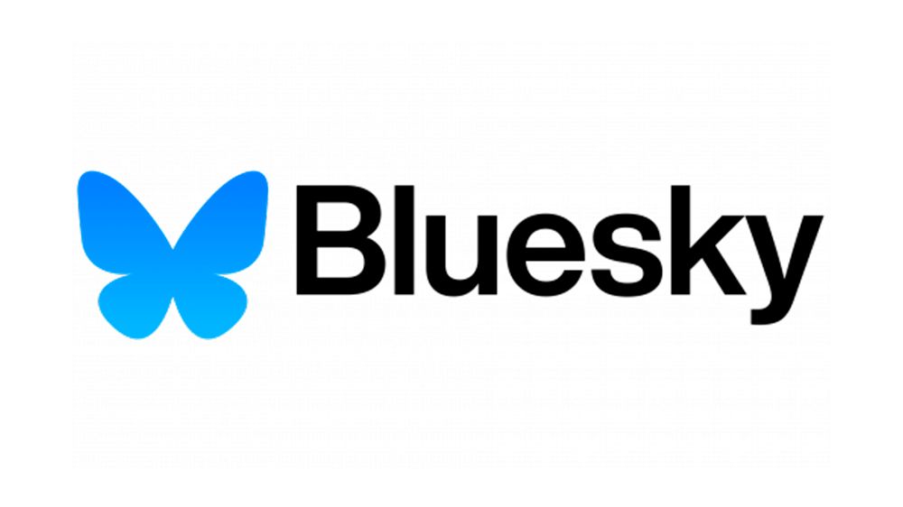 A blue butterfly on the left and on the right in black font is "Bluesky."