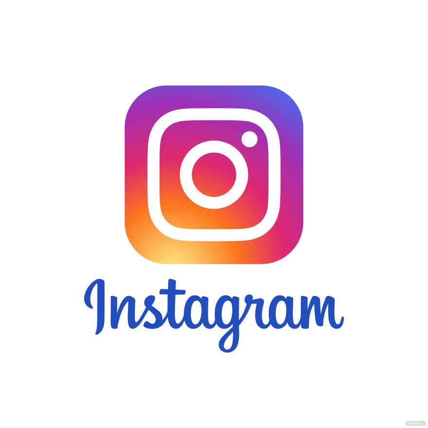 A white background with an orange, purple, and white lens in the middle. At the bottom in blue font is, "Instagram."