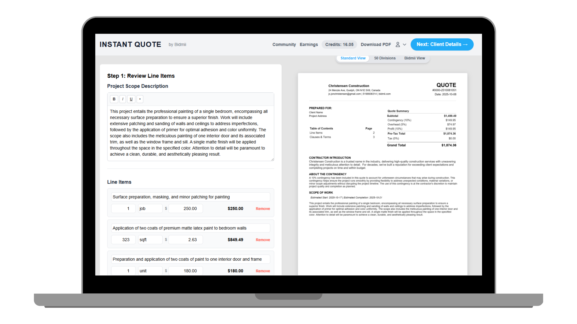 Instant Quote tool interface