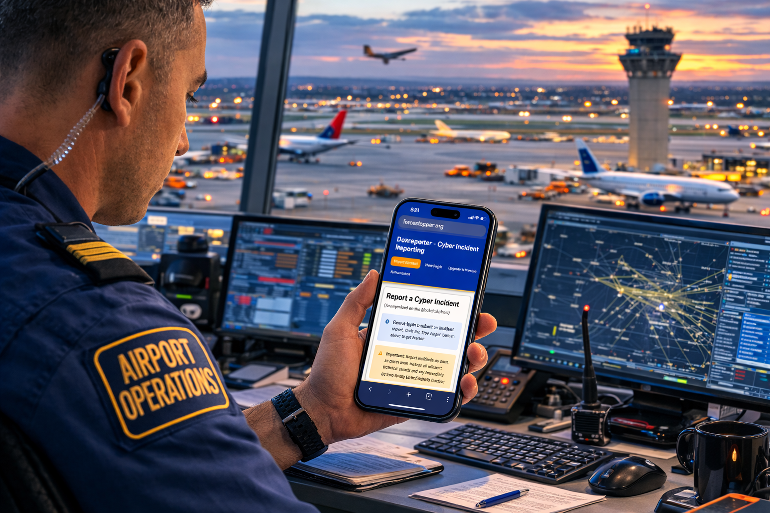 Airport operations officer using Doxreporter cyber incident reporting PWA on a smartphone in an air traffic control tower at dusk