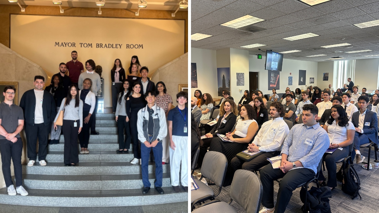 Two side by side photos from the of interns from the City Attorney's "Class of 2025." On the left, students are standing on the steps of the Mayor Tom Bradley Room. On the right, the students participate in a first day program.