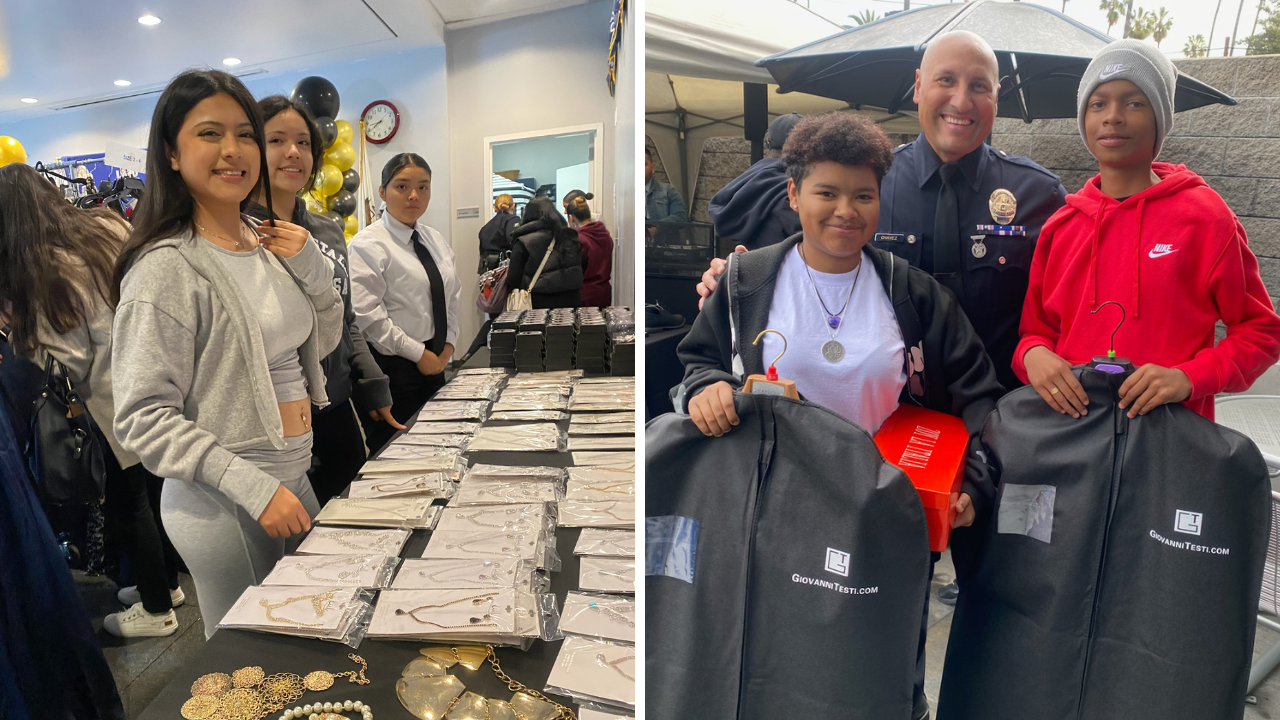 Two side by side photos from the 2025 Prom Closet. on the left, three young women look at jewelry. On the right, two young men hold suits and stand with an LAPD police officer.