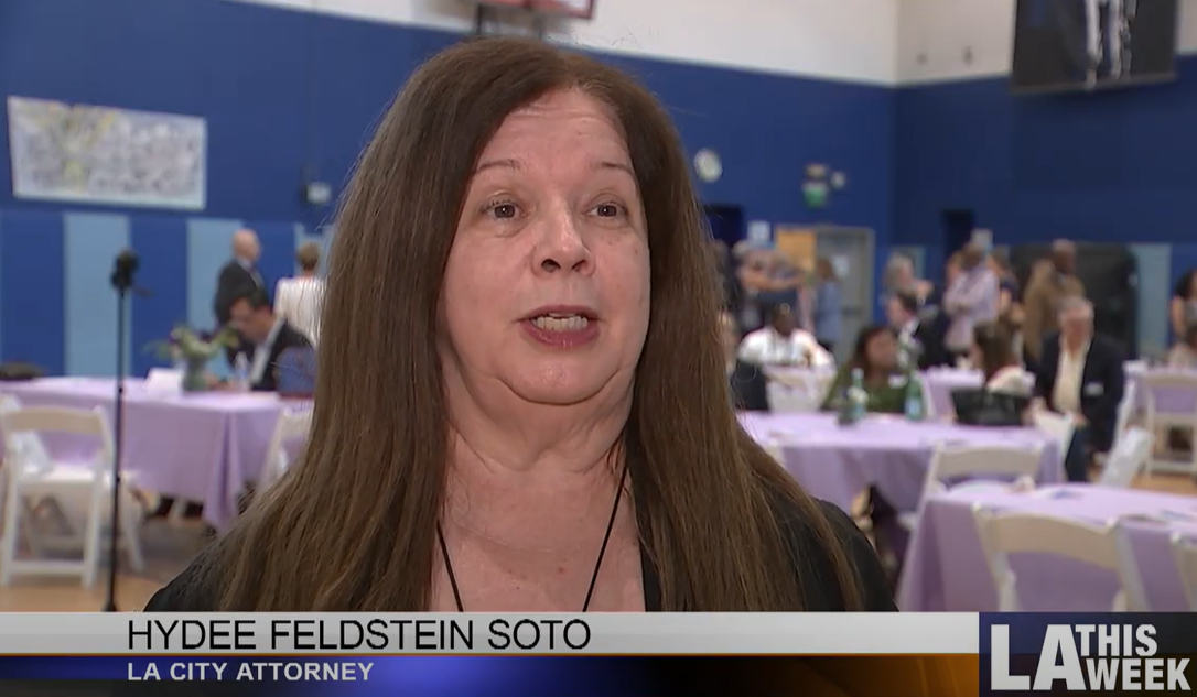 Screenshot of Los Angeles City Attorney Hydee Feldstein Soto being interviewed by LA This Week. There is a chyron with her name on the screen.