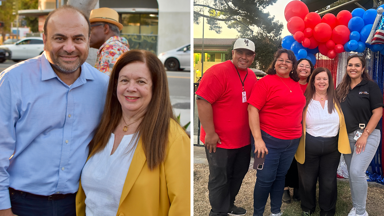 Two side by side photos from National Night Out. On the left is City Attorney Hydee Feldstein Soto with Councilmember Adrin Nazarian. On the right, Ciity Attorney Hydee Feldstein Soto stands with community partners in a patriotic display.