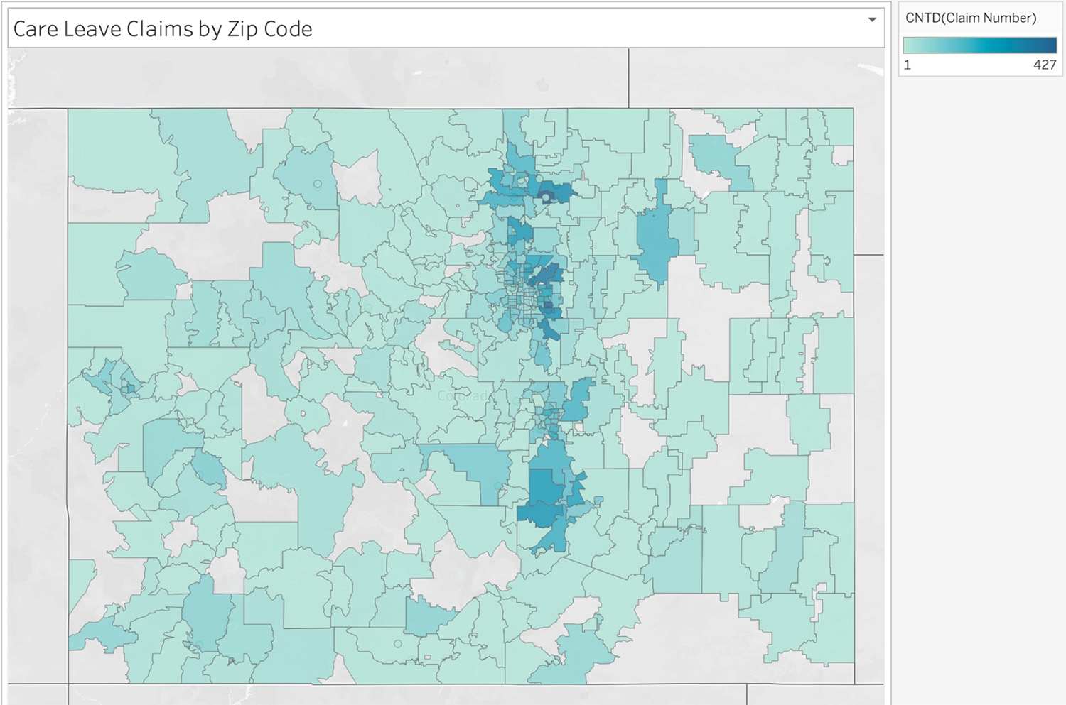 Map of Colorado with county boundaries showing distribution of FAMLI Leave claims across the state. There is a concentration of claims along the major population centers, but rural areas are also showing significant claims usage.