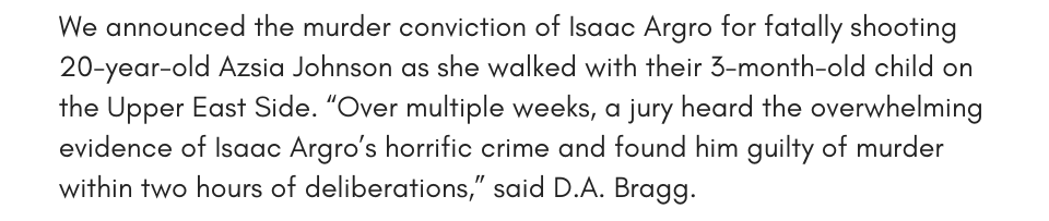 We announced the murder conviction of Isaac Argro for fatally shooting 20-year-old Azsia Johnson as she walked with their 3-month-old child on the Upper East Side. “Over multiple weeks, a jury heard the overwhelming evidence of Isaac Argro’s horrific crime and found him guilty of murder within two hours of deliberations,” said D.A. Bragg.