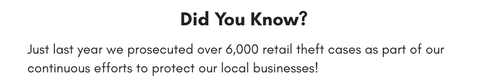 Did You Know? Just last year we prosecuted over 6,000 retail theft cases as part of our continuous efforts to protect our local businesses!