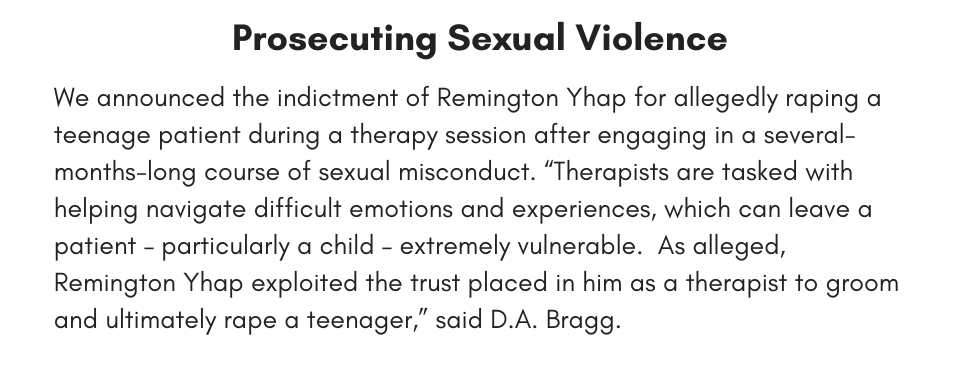 Prosecuting Sexual Violence We announced the indictment of Remington Yhap for allegedly raping a teenage patient during a therapy session after engaging in a several-months-long course of sexual misconduct. “Therapists are tasked with helping navigate difficult emotions and experiences, which can leave a patient – particularly a child – extremely vulnerable.  As alleged, Remington Yhap exploited the trust placed in him as a therapist to groom and ultimately rape a teenager,” said D.A. Bragg.