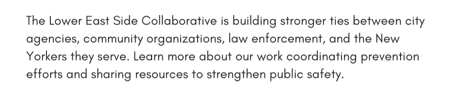 The Lower East Side Collaborative is building stronger ties between city agencies, community organizations, law enforcement, and the New Yorkers they serve. Learn more about our work coordinating prevention efforts and sharing resources to strengthen public safety.