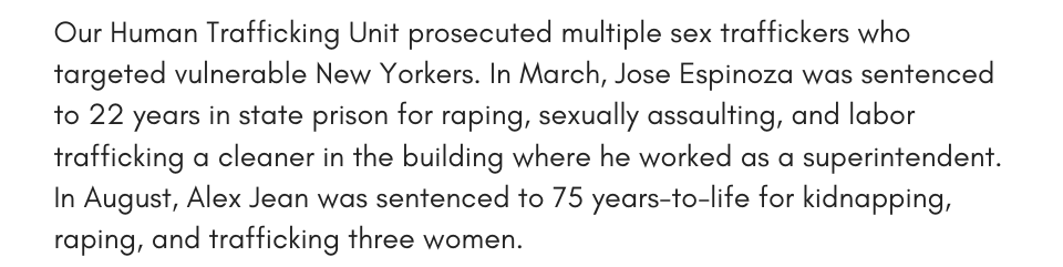 Our Human Trafficking Unit prosecuted multiple sex traffickers who targeted vulnerable New Yorkers. In March, Jose Espinoza was sentenced to 22 years in state prison for raping, sexually assaulting, and labor trafficking a cleaner in the building where he worked as a superintendent. In August, Alex Jean was sentenced to 75 years-to-life for kidnapping, raping, and trafficking three women. 