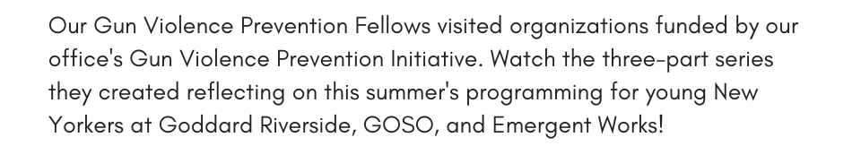 Our Gun Violence Prevention Fellows visited organizations funded by our office's Gun Violence Prevention Initiative. Watch the three-part series they created reflecting on this summer's programming for young New Yorkers at Goddard Riverside, GOSO, and Emergent Works!