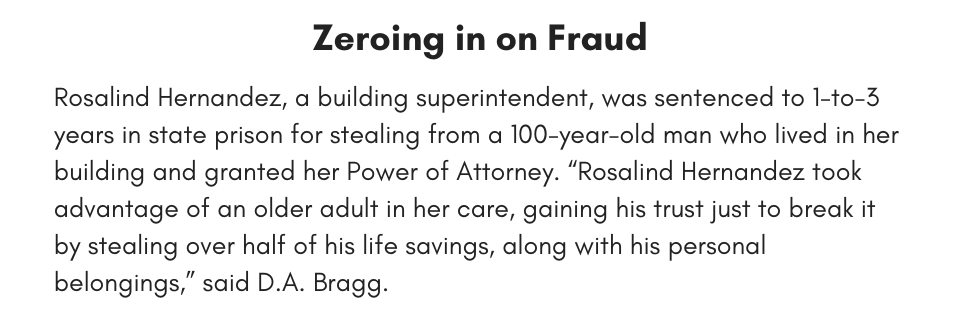 Zeroing in on Fraud Rosalind Hernandez, a building superintendent, was sentenced to 1-to-3 years in state prison for stealing from a 100-year-old man who lived in her building and granted her Power of Attorney. “Rosalind Hernandez took advantage of an older adult in her care, gaining his trust just to break it by stealing over half of his life savings, along with his personal belongings,” said D.A. Bragg.