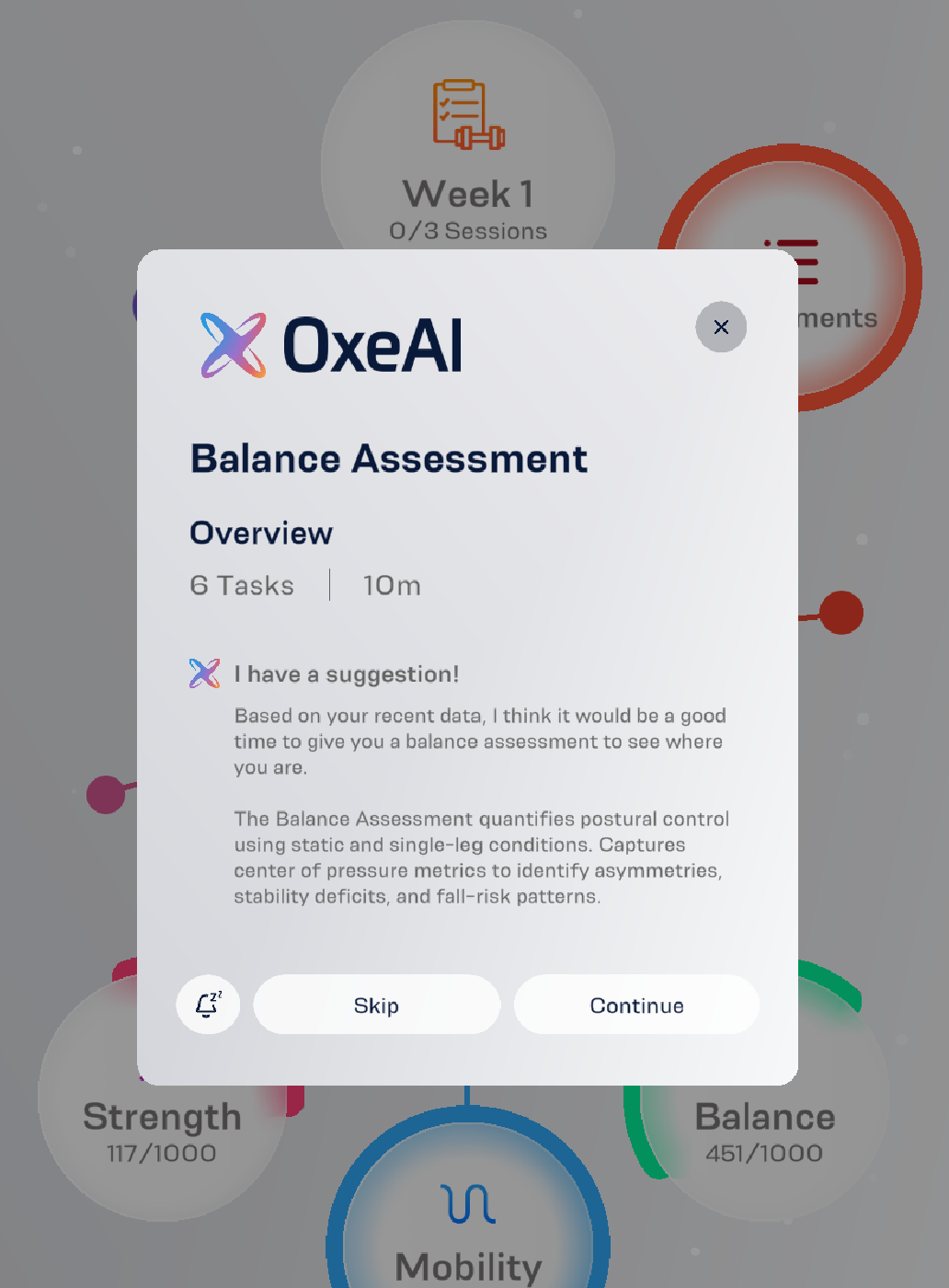 OxeAI suggesting a Balance Assessment as part of a training protocol