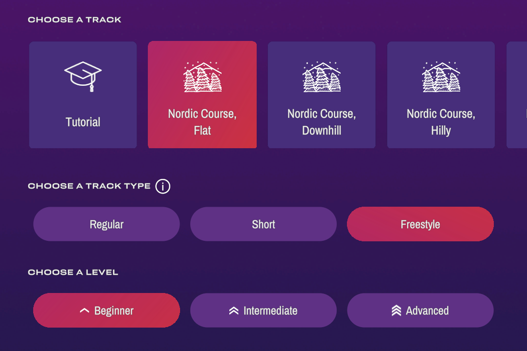 OxePlay track selector with Regular, Short, and Freestyle track types
