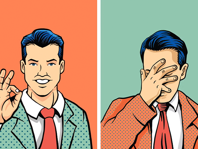 A comic book-style illustration of a man, on the left, giving an "okay" sign and on the right covering his face with his hand.