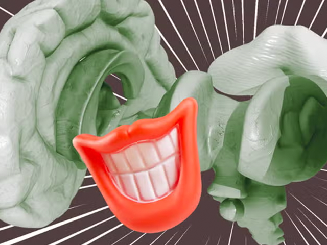 An image of a brain with a smiling toy mouth inside.