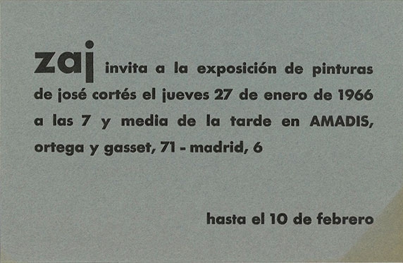 [Tarjeta Zaj invita a la exposición de pinturas de José Cortés y catálogo de la exposición], 10 de febrero de 1966