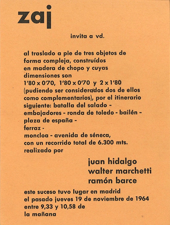 Zaj invita a vd. al traslado a pie de tres objetos de forma compleja [...], 19 de noviembre de 1964