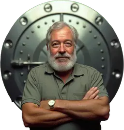 Editor standing confidently in front of a secure vault