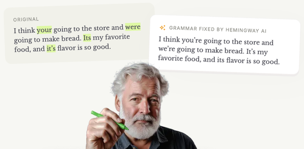 Before-and-after example of Hemingway fixing grammar with an editor holding a green pen