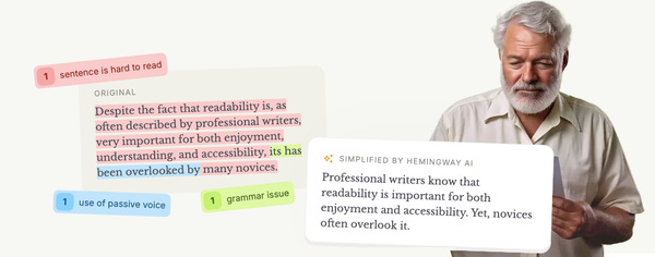 Before-and-after example of Hemingway simplifying complex writing with an editor holding pages