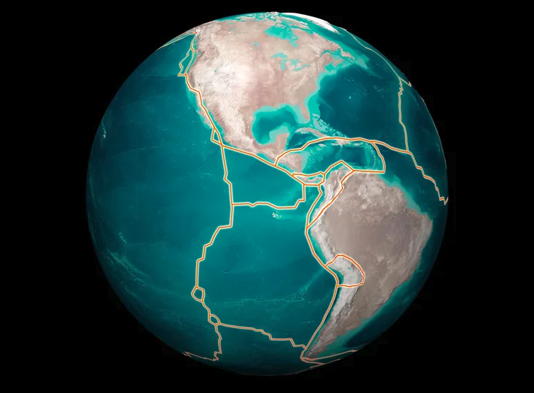 A globe showing the location of the Nazca plate to the west of the South American continent